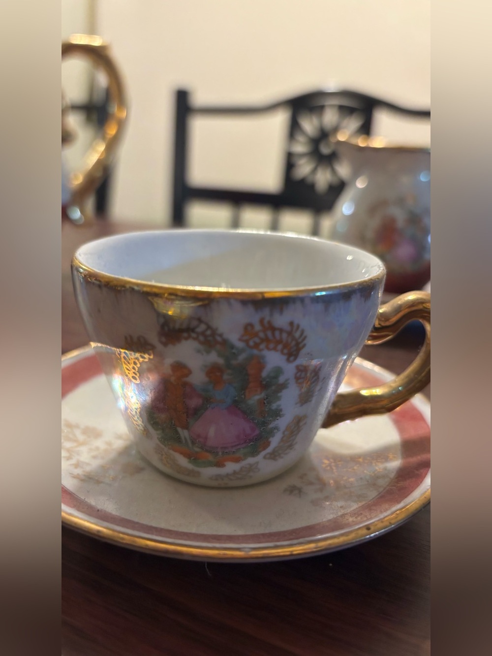 Vintage Lusterware Porcelain Tea Set Courting Couple Gold Trim